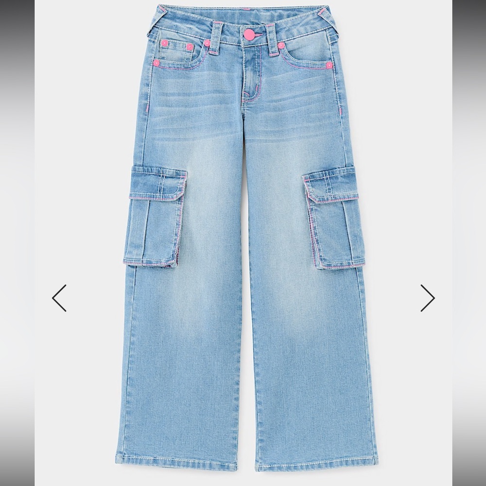True Religion Light Blue Wide-Leg Cargo Jeans with Pink Accents